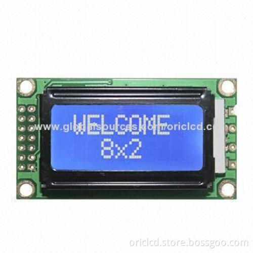 STN Blue 8 x 2 Character LCD Module, 58 x 32mm Outline Size, and White LED Backlight